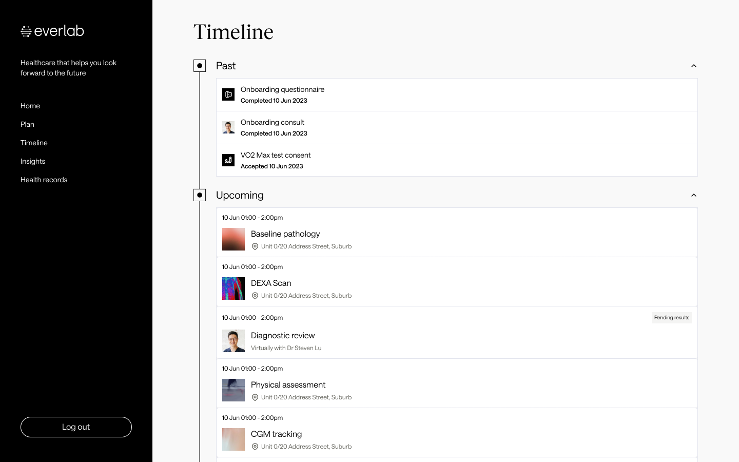 Everlab timeline view